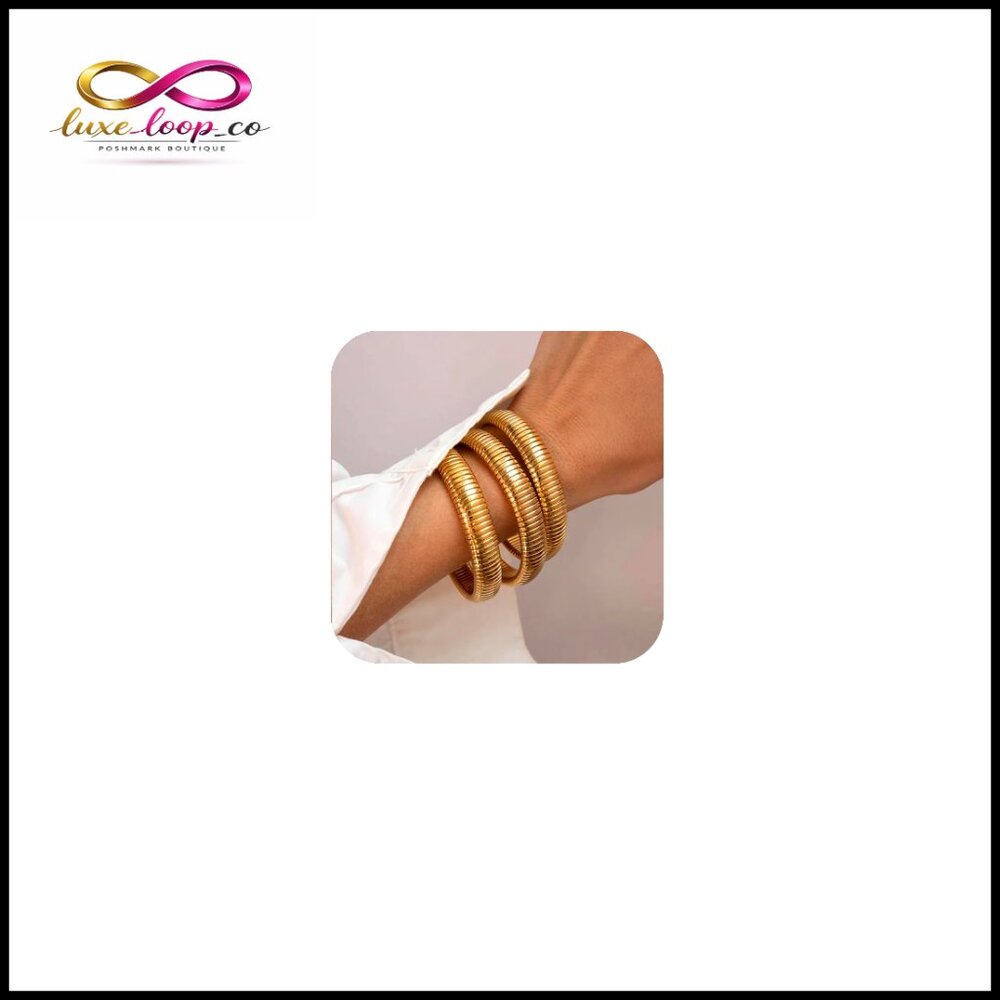 Chunky Gold Bangle Bracelet Set Stackable Stretch… - image 1